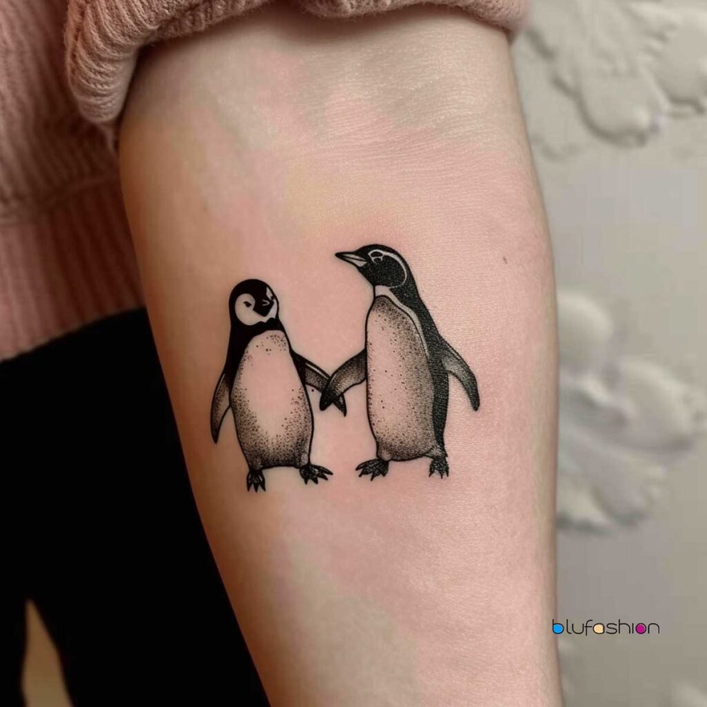 Pair of penguins tattoo on the forearm.