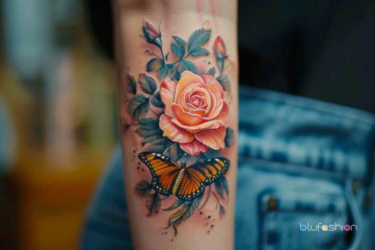 tattoo with roses and butterflies