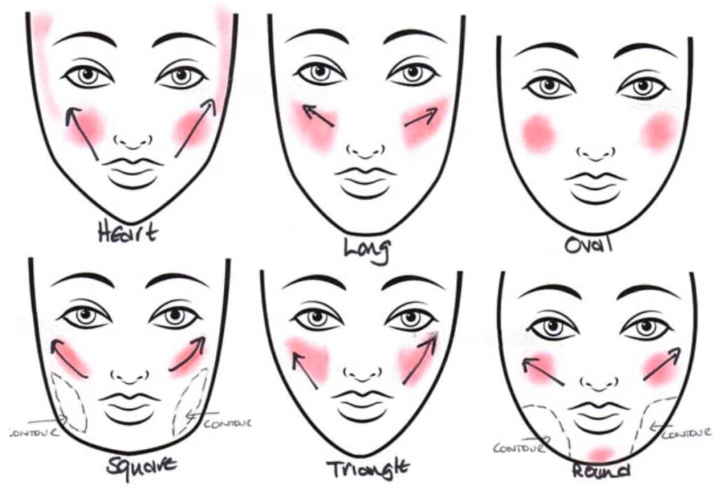 Diagram showing blush application for different face shapes: heart, long, oval, square, triangle, round.