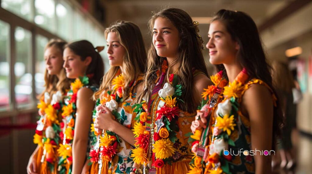 High school girls in floral dresses proudly wearing traditional homecoming mums.