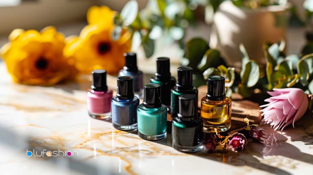 Assorted Korean gel nail polishes on marble with flowers in soft natural light.