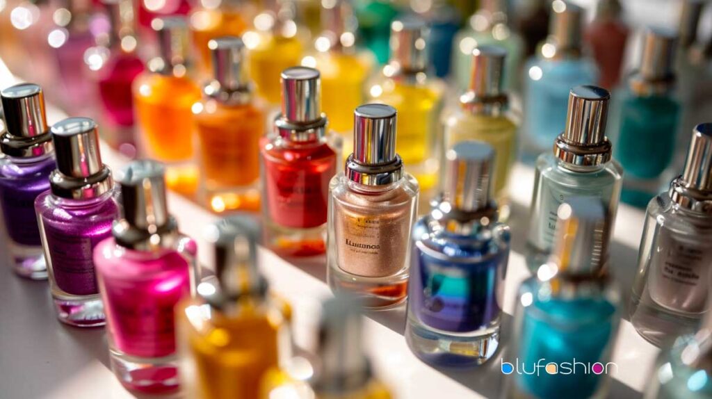 Array of colorful Korean gel nail polish bottles in bright, natural light.