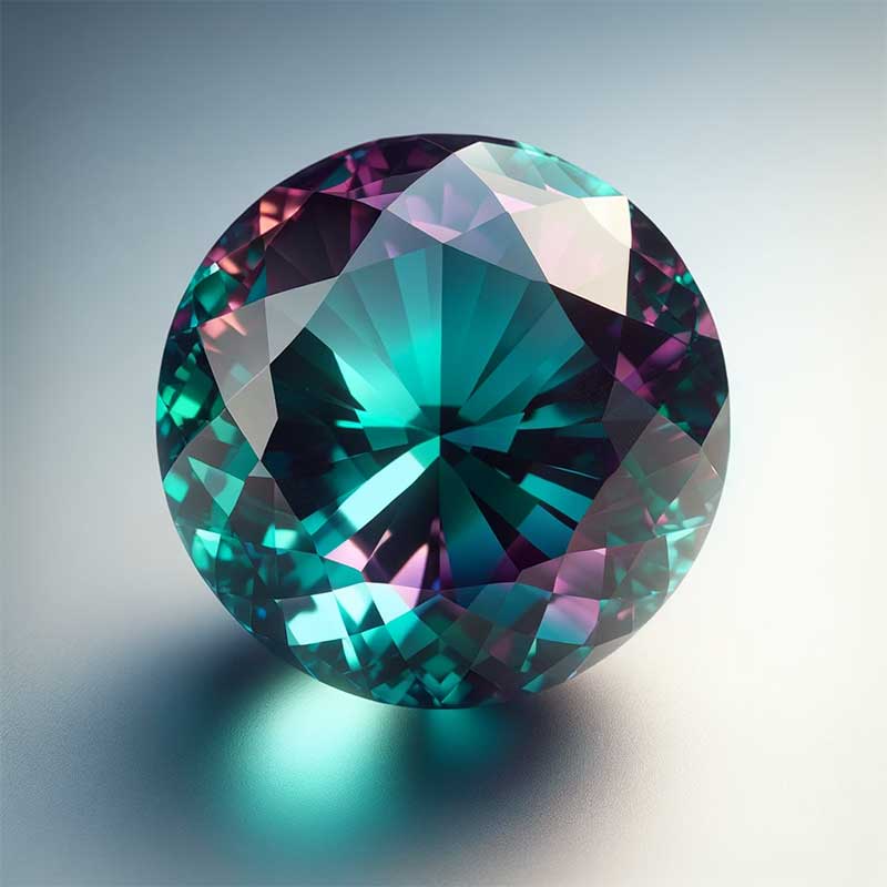 A close-up photo of a round brilliant cut Alexandrite with a D color grade and a VVS1 clarity grade.