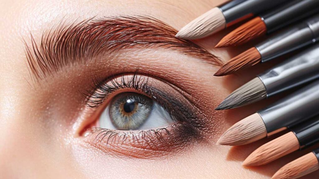 Close-up of a blue eye surrounded by brow pencils, emphasizing eyebrow makeup.