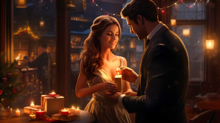 Man presenting a candle-lit gift to a woman in an enchanting Christmas setting, conveying warmth and romance.