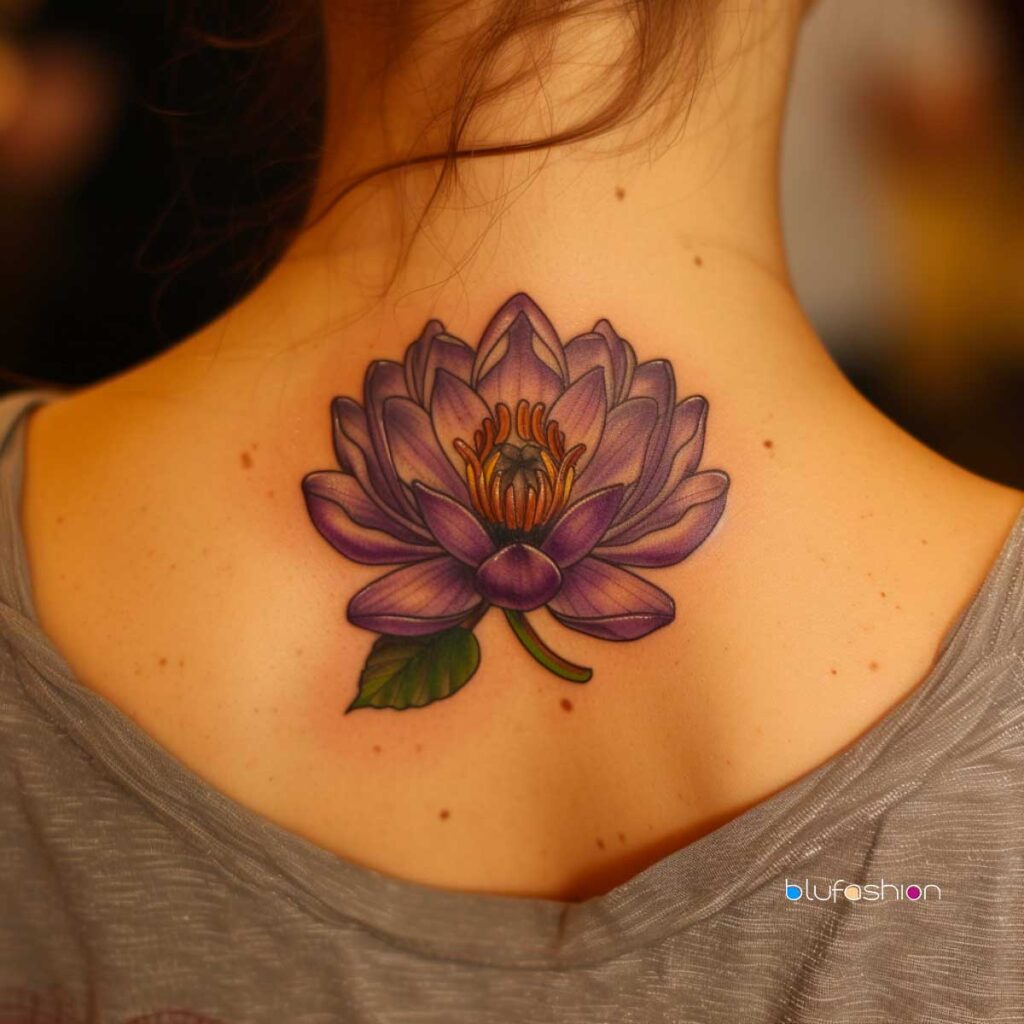 Vibrant purple water lily tattoo on the upper back.