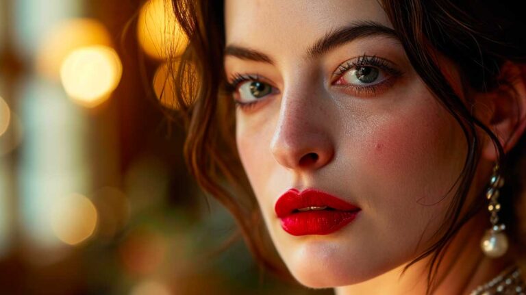 Close-up of a woman with red lipstick and pearl earring, embodying deep winter color palette.