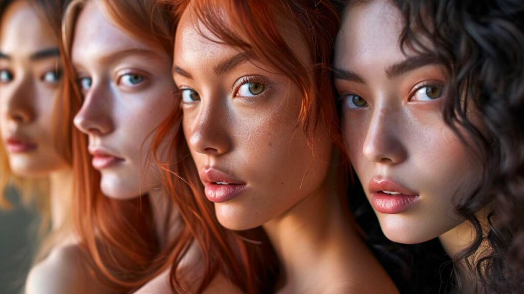 Close-up of four women with varied skin tones and hair colors, highlighting natural beauty.