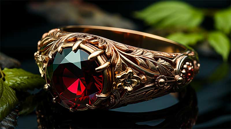 An Alexandrite ring with a large, red ruby gemstone in the center.