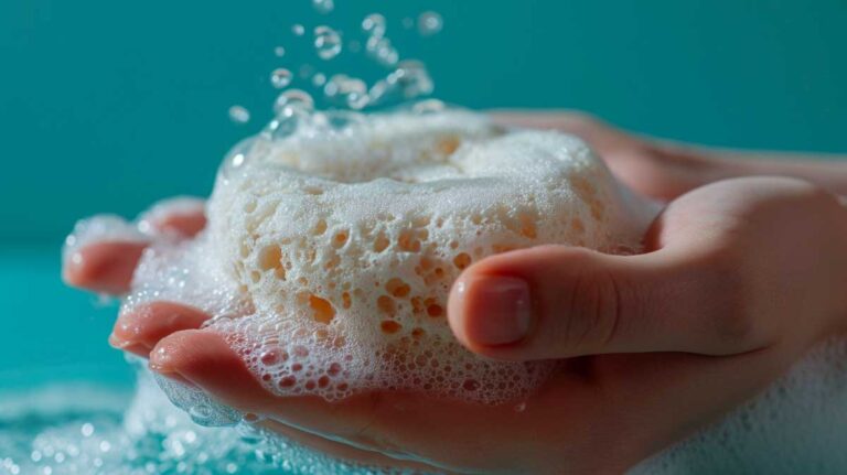 Hand holding a white loofah sponge with soapy lather and water droplets against a teal background.