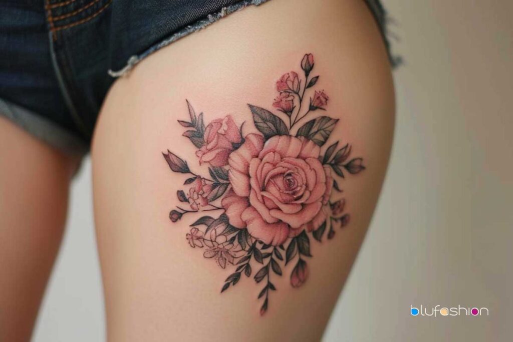 Chic thigh tattoo with delicate roses—perfect for a touch of femininity.