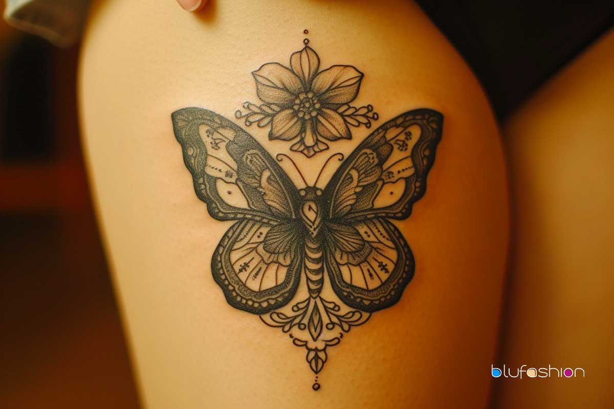 Artistic thigh ink: detailed butterfly with floral charm.