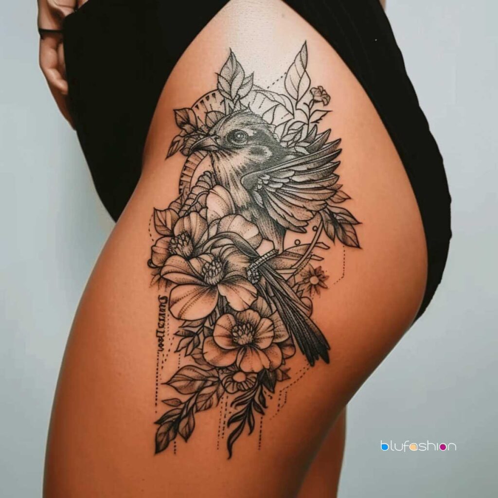 Black-ink thigh tattoo featuring a detailed bird perched on blooming flowers with elegant script below on a woman's side.