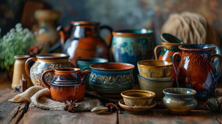 Assortment of handcrafted pottery gifts, including vibrant mugs and bowls, on rustic wooden table.