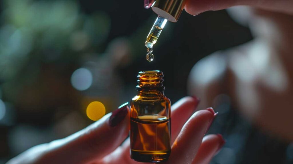 Dropper bottle of Onyx Cuticle Oil held in hand, focusing on the oil about to drip.