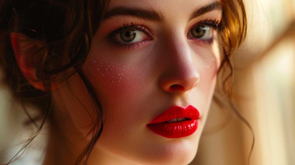 Woman with striking red lips and dewy skin, exemplifying deep winter makeup palette.