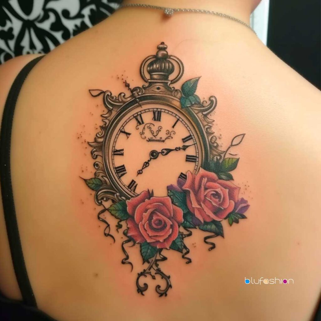 Ornate shoulder tattoo featuring a vintage clock with roses in warm tones.