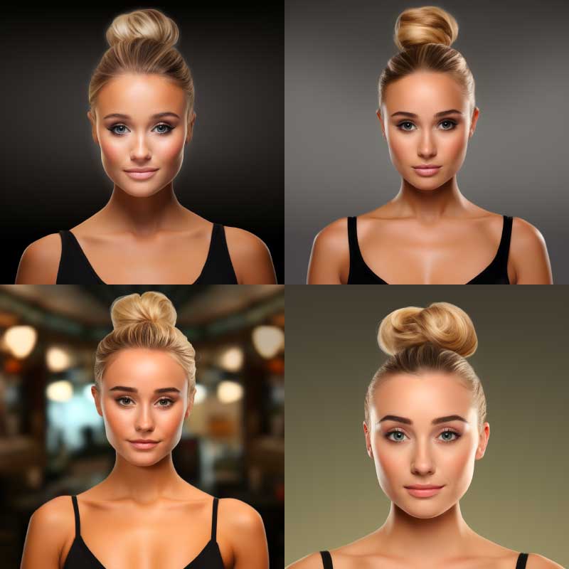 Chic topknot hairstyle on a woman with a round face, displayed in multiple angles.