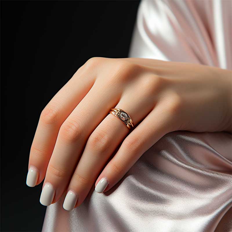 Close-up of a woman's hand with a sparkling diamond ring on her ring finger.