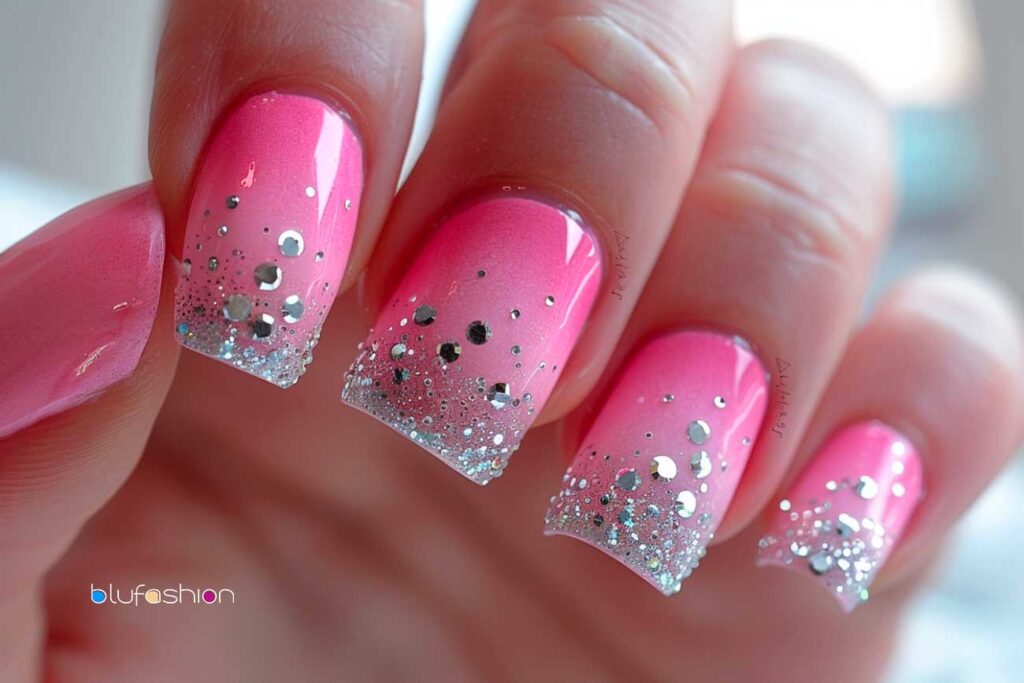 Vibrant hot pink nails with a gradient effect leading to sparkling silver glitter and diamond accents on the tips, creating a playful yet sophisticated manicure.