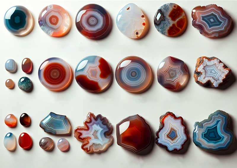 A variety of different types of Agate gemstones, including quartz, agate, and jasper, displayed on a wooden table.