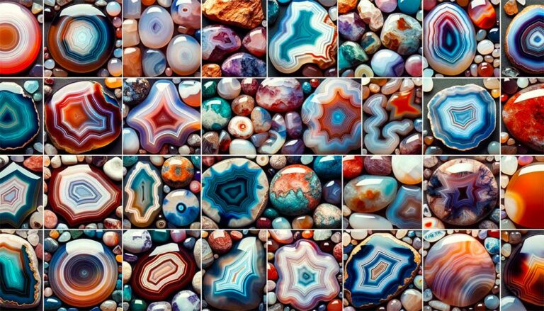 A collage of various Agate gemstones, including red, orange, yellow, green, blue, and purple.