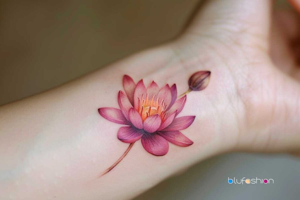 Vibrant pink water lily tattoo with shading on inner wrist.