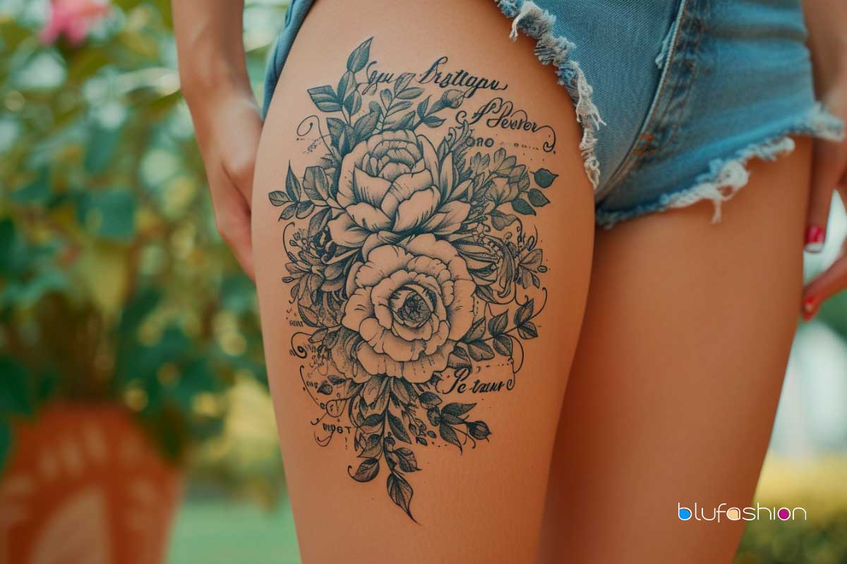 Intricate black and grey thigh tattoo of roses with script, on a woman's thigh against a natural backdrop.