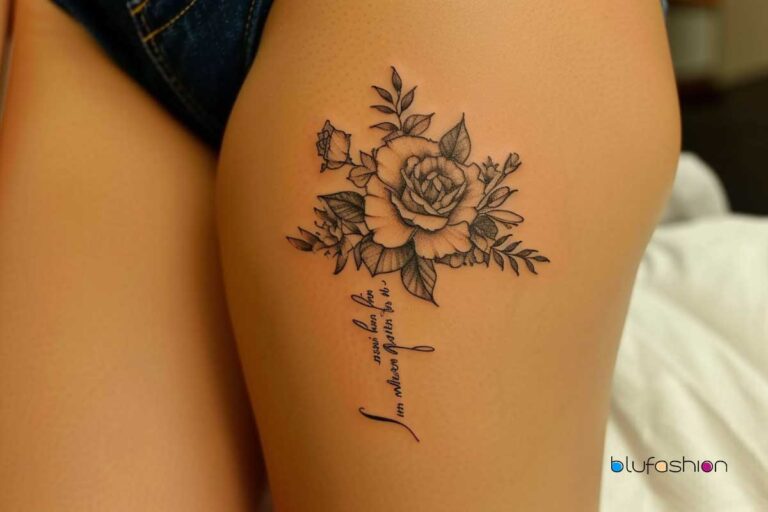 Thigh tattoo featuring a blooming rose with fine line detailing, accompanied by a handwritten script quote for a personal touch.