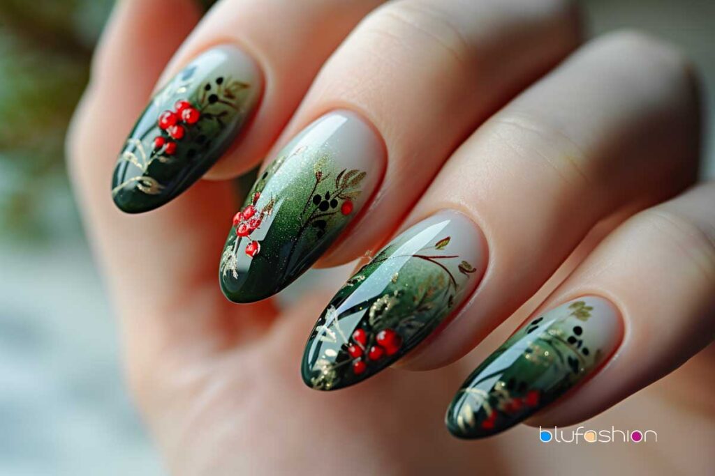 Exquisite holiday nail art with green ombre, white mistletoe, and red berry details.