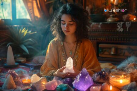 Crystal reading: Serene woman with crystals for a spiritual meditation session.