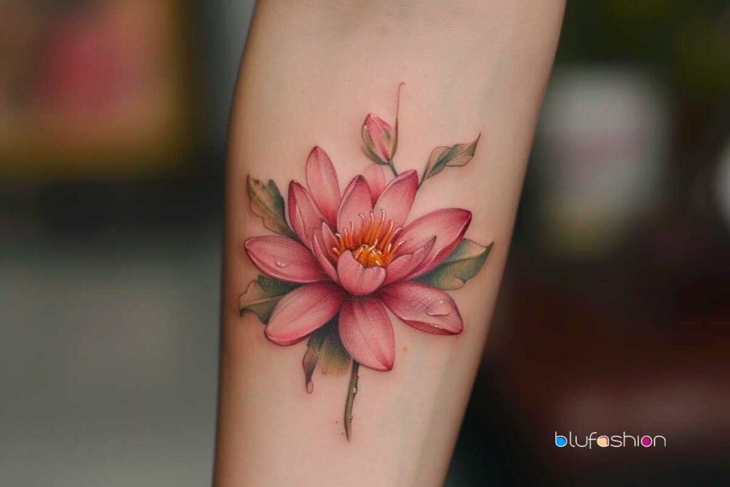 Realistic pink water lily tattoo with delicate petals on forearm.