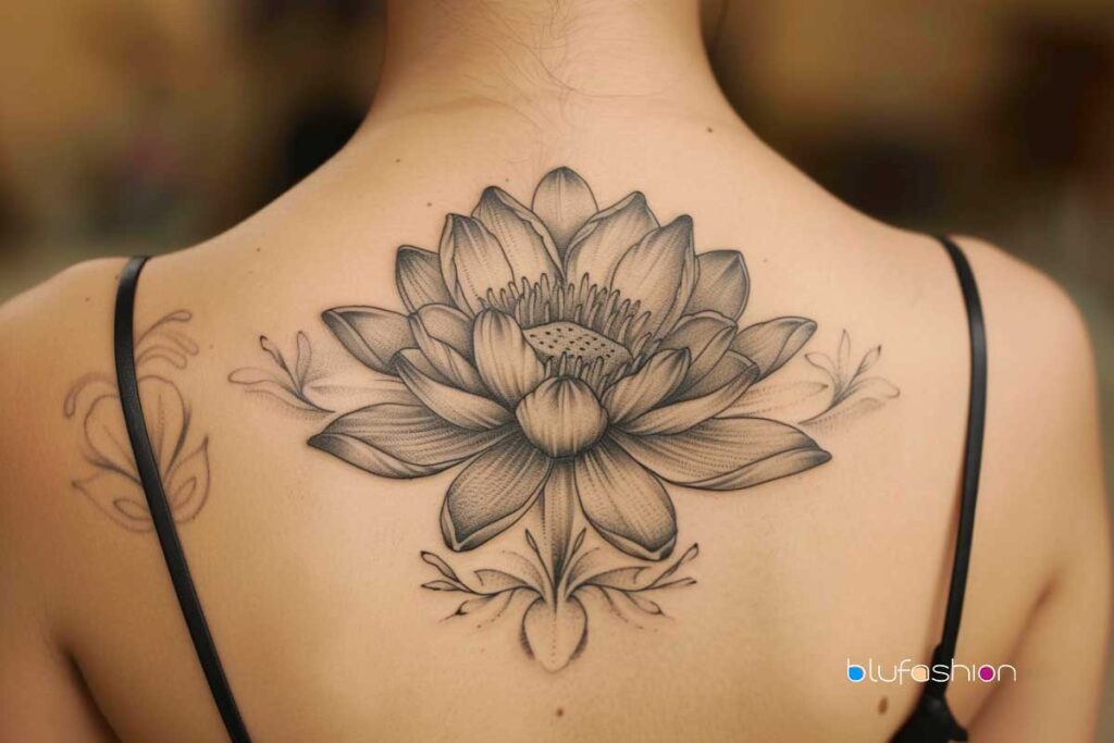 Monochrome water lily back tattoo with detailed shading.