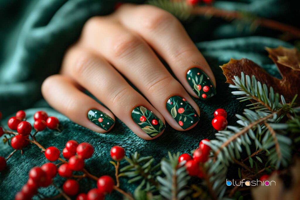 Luxurious green holiday nails with vibrant red mistletoe berries and leaf details.