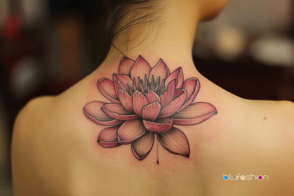 Vibrant pink shaded water lily tattoo on the neck.