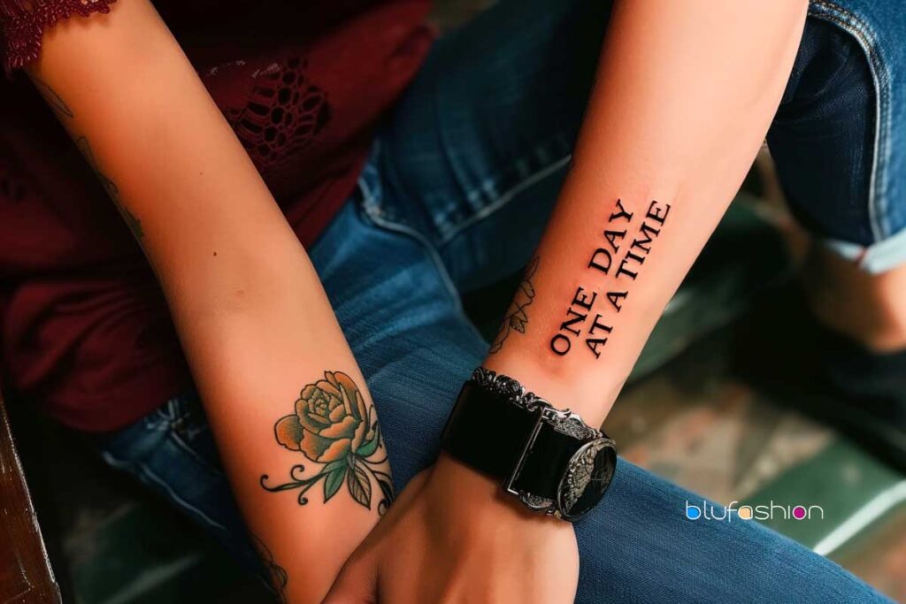 Forearm tattoo with 'One Day at a Time' in bold letters, embodying resilience and patience.