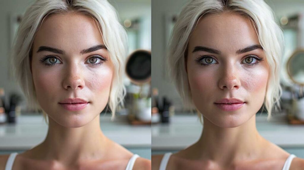 Side-by-side portraits of a woman with platinum hair and natural blonde eyebrows.