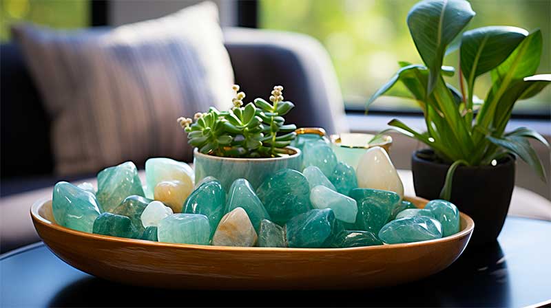 A glass bowl filled with Amazonite gem next to a potted plant on a wooden table.