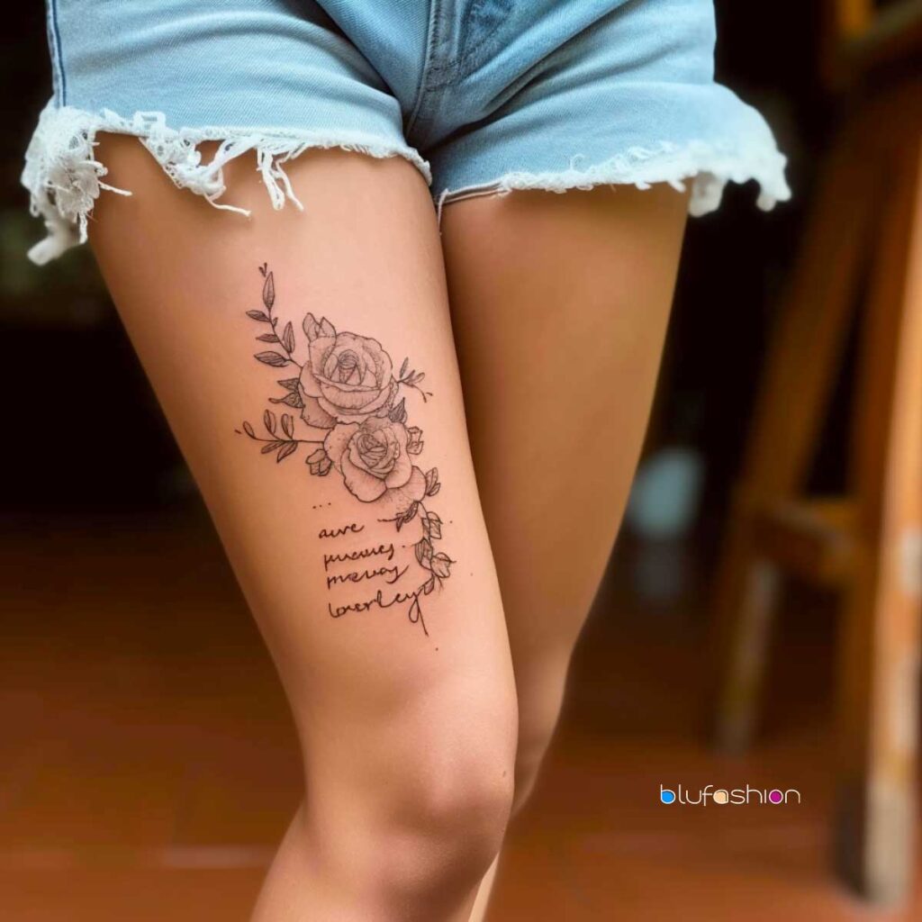 Feminine thigh tattoo featuring roses and script, executed in delicate fine line style with detailed shading, showcased on bare legs with frayed denim shorts.