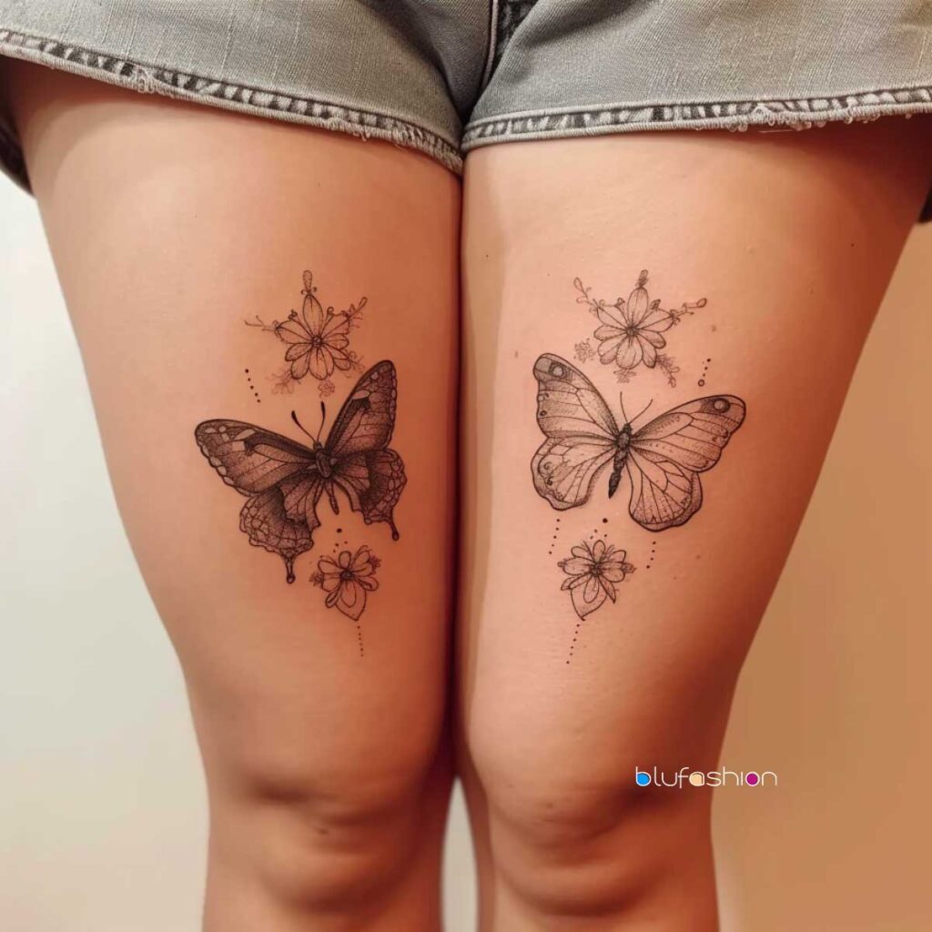 Symmetrical butterfly tattoos with intricate line work and floral accents on a woman's thighs, displayed with denim shorts.