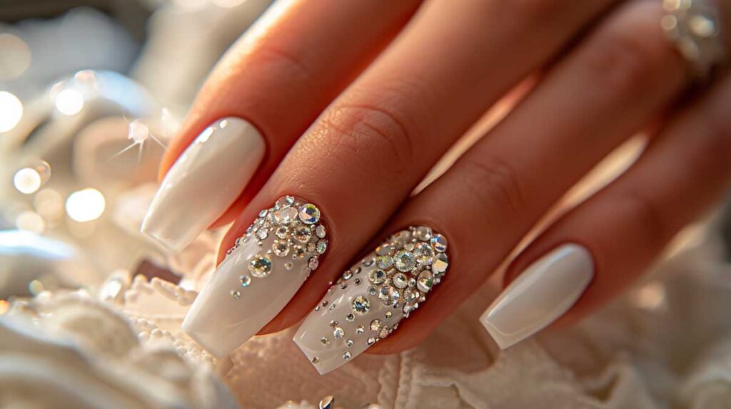 Close-up of white manicured nails with sparkling diamond rhinestones on ring fingers, elegant design.