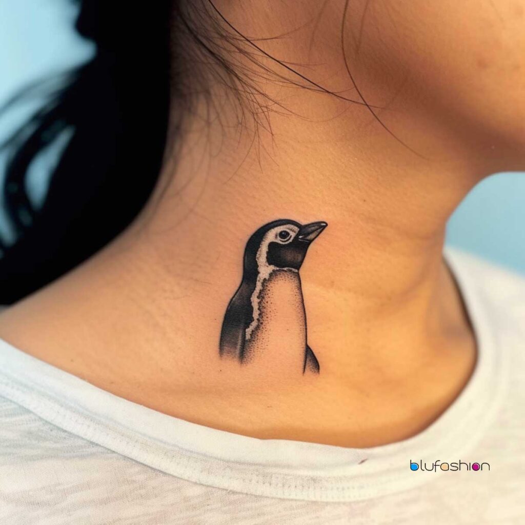 Small realistic penguin tattoo on the side of the neck.