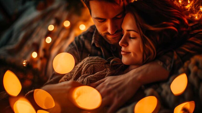 Romantic couple cuddling with man touching woman's stomach under twinkling lights.