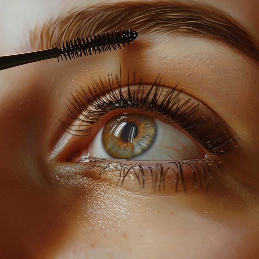 A woman applying mascara, focusing on wiggling the brush at the lash line to create a thick base and full lashes, with curled eyelashes as a base.