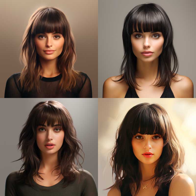 Trendy hairstyles with wispy bangs for round-faced women, in a variety of poses and lighting.