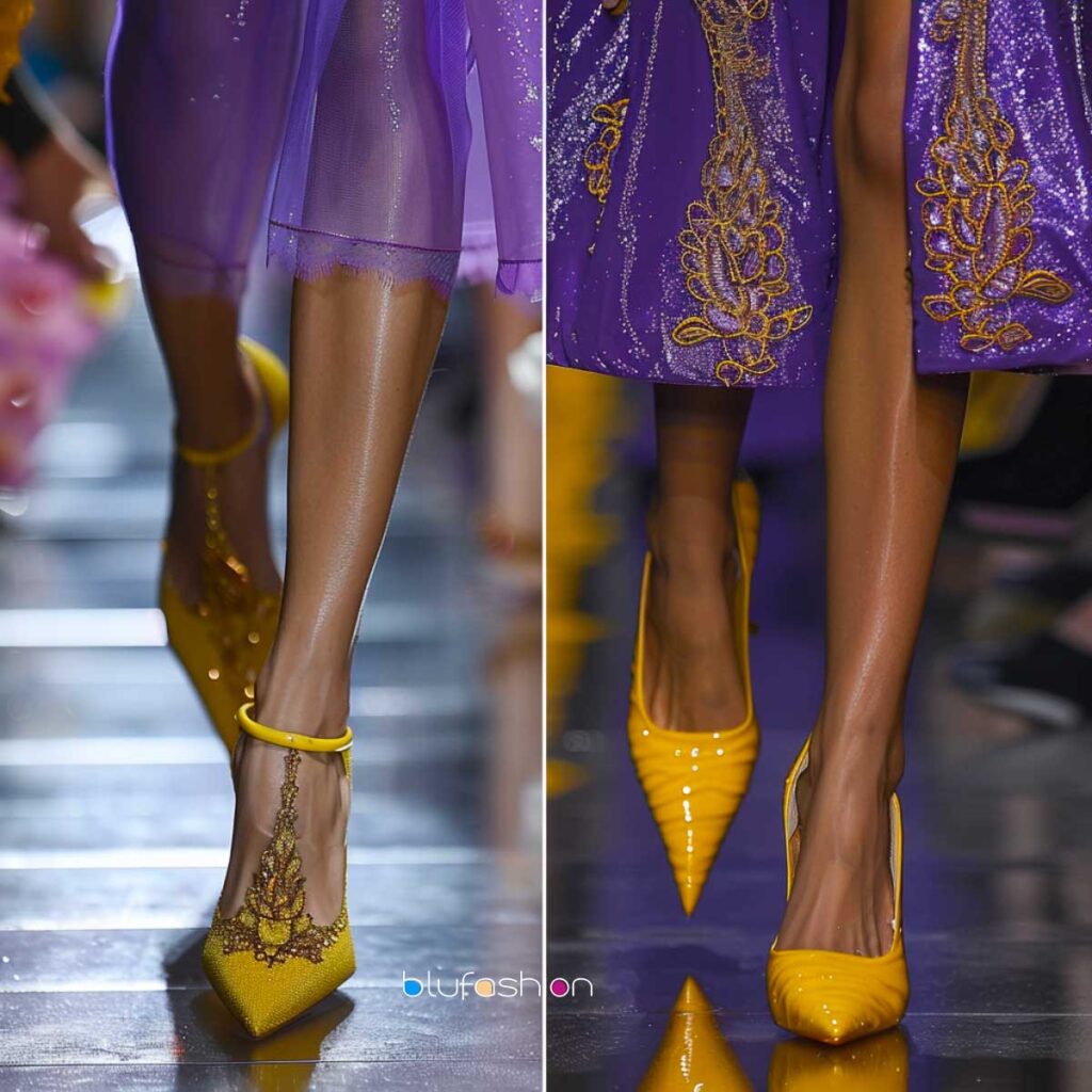 Stunning runway look featuring sheer purple dress with golden embroidery paired with mustard yellow pointed-toe heels.