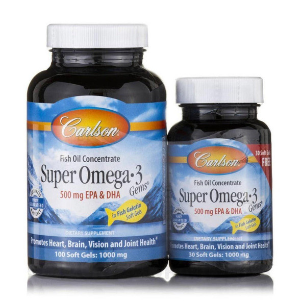  Carlson Super Omega 3 1000mg 130 Fish Gelatin Softgels (100+30 Free) 
